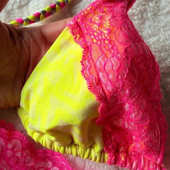 Beach Bunny Neon Dream bikini set XL neon green pink leopard lace - Picture 6 of 7